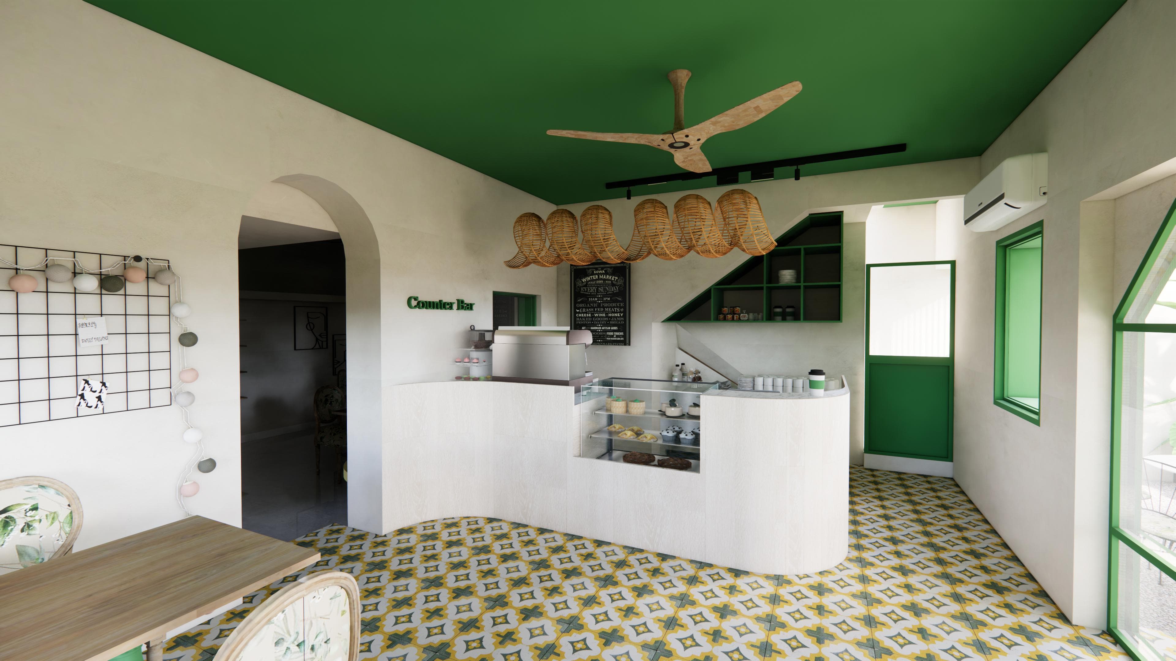Communal marble tables beneath the feature wall
