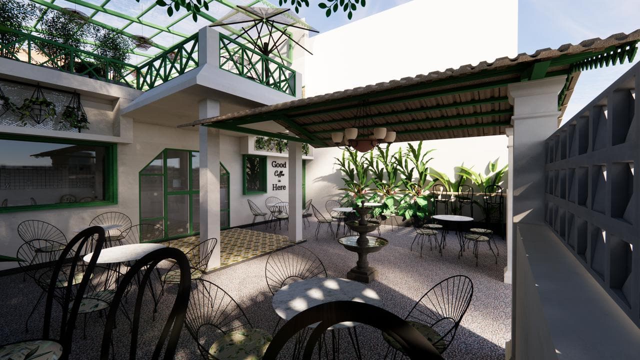 Courtyard seating among the greenery