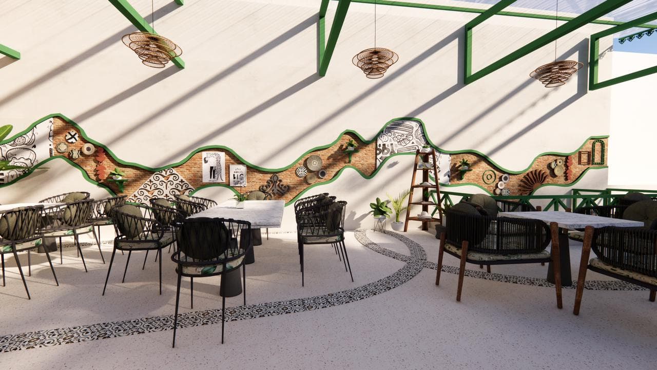 Overhead view of the rooftop terrace