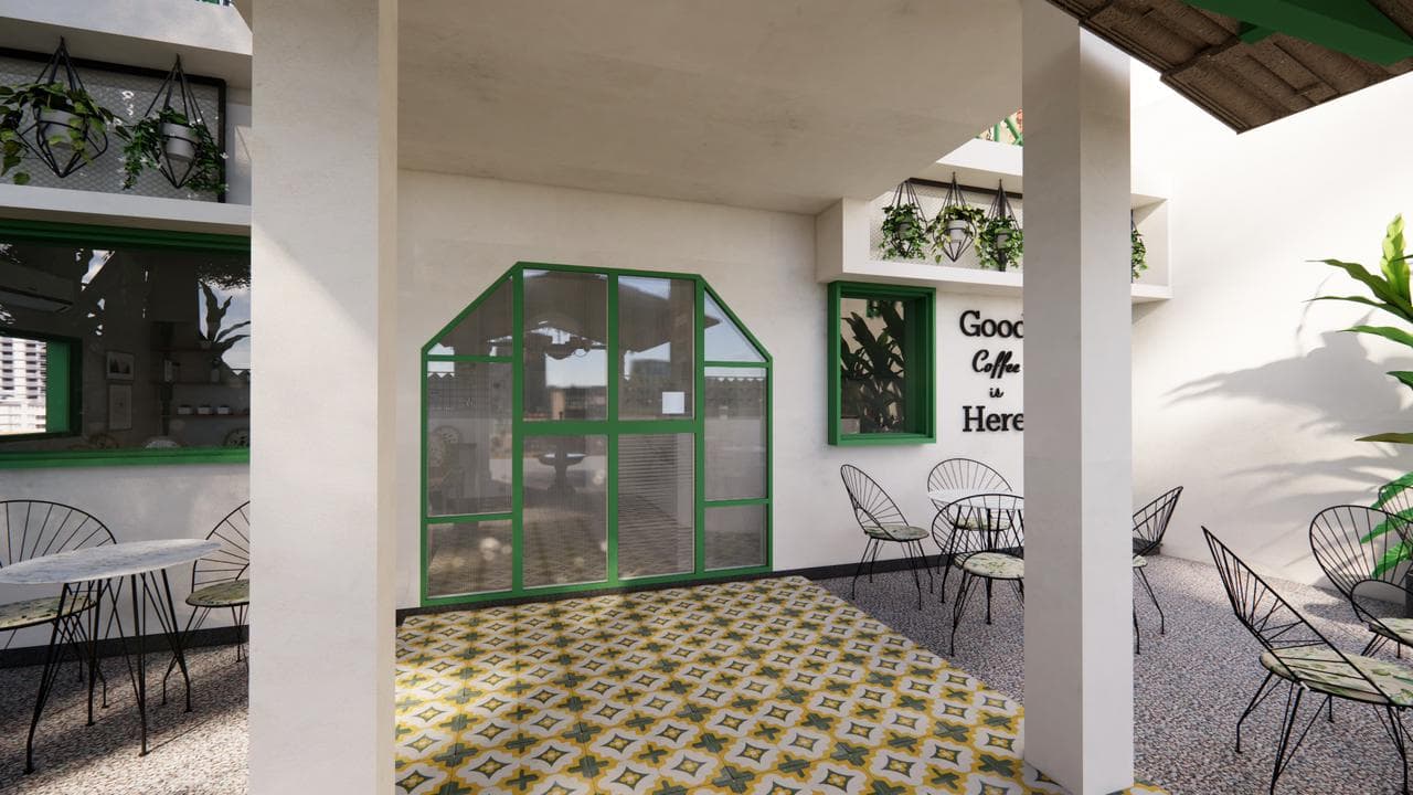 Greenhouse-green steel window over encaustic tile